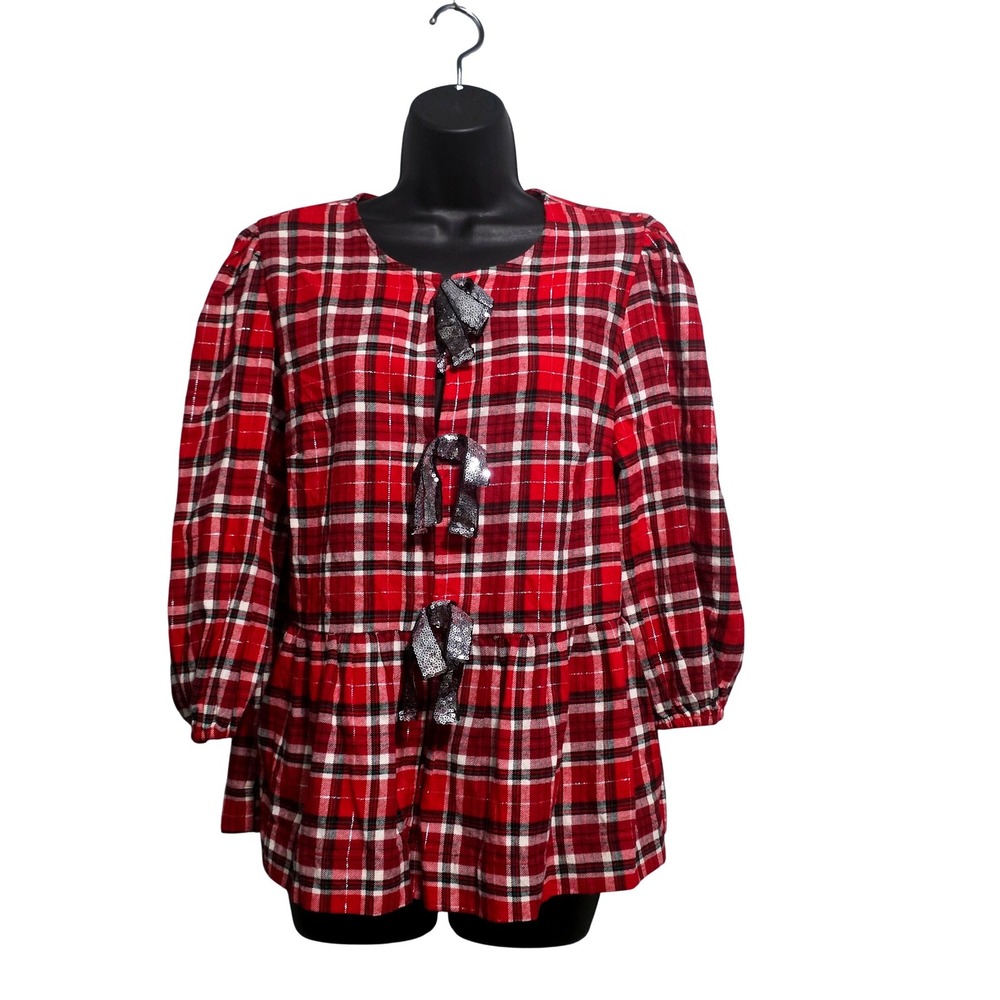 Cato Red Plaid Sequin Bow Peplum Top Womens Medium Holiday Lurex Shimmer Scoop